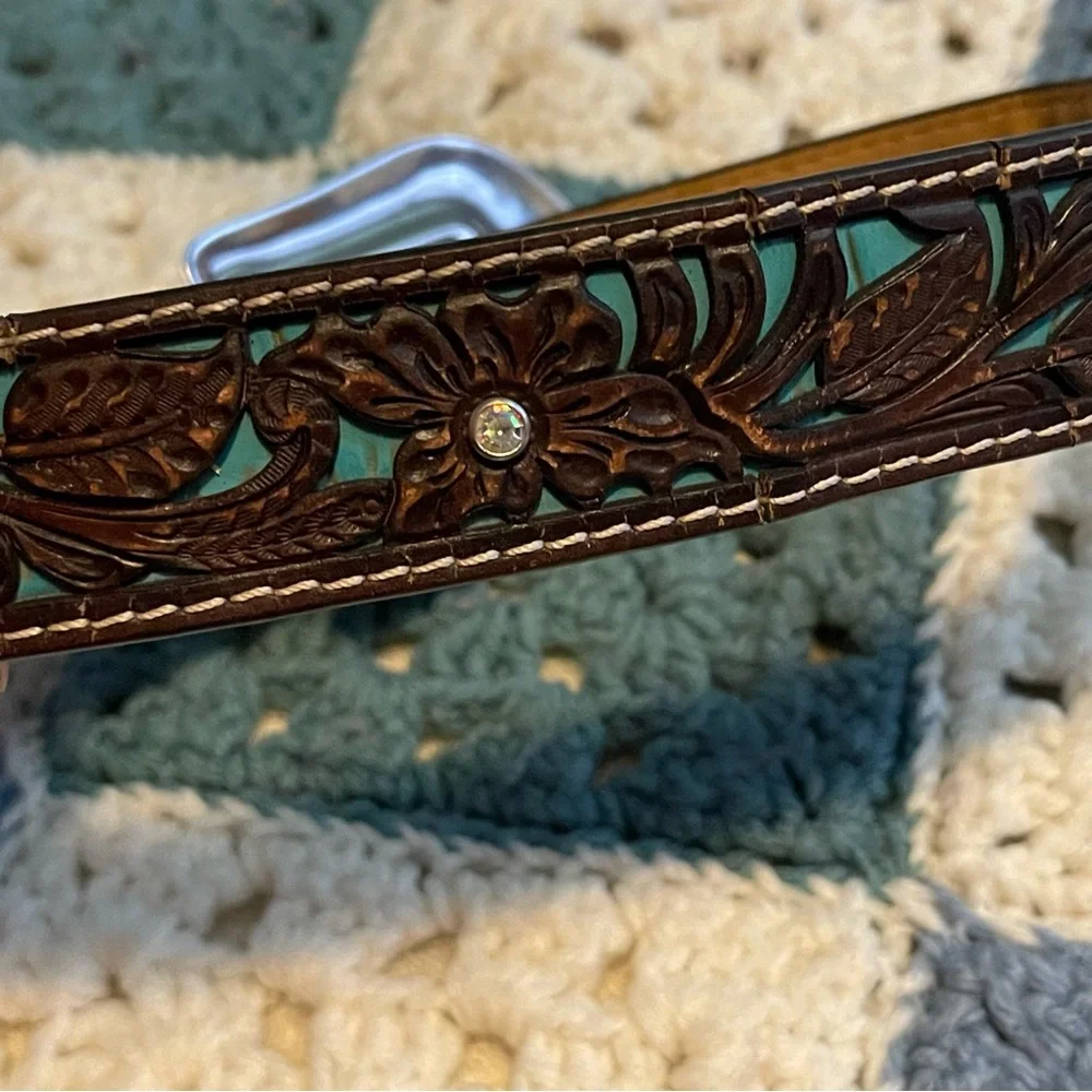 Ariat Children's Western Floral Belt Brown & Turquoise Tooled Overlay S/M 20